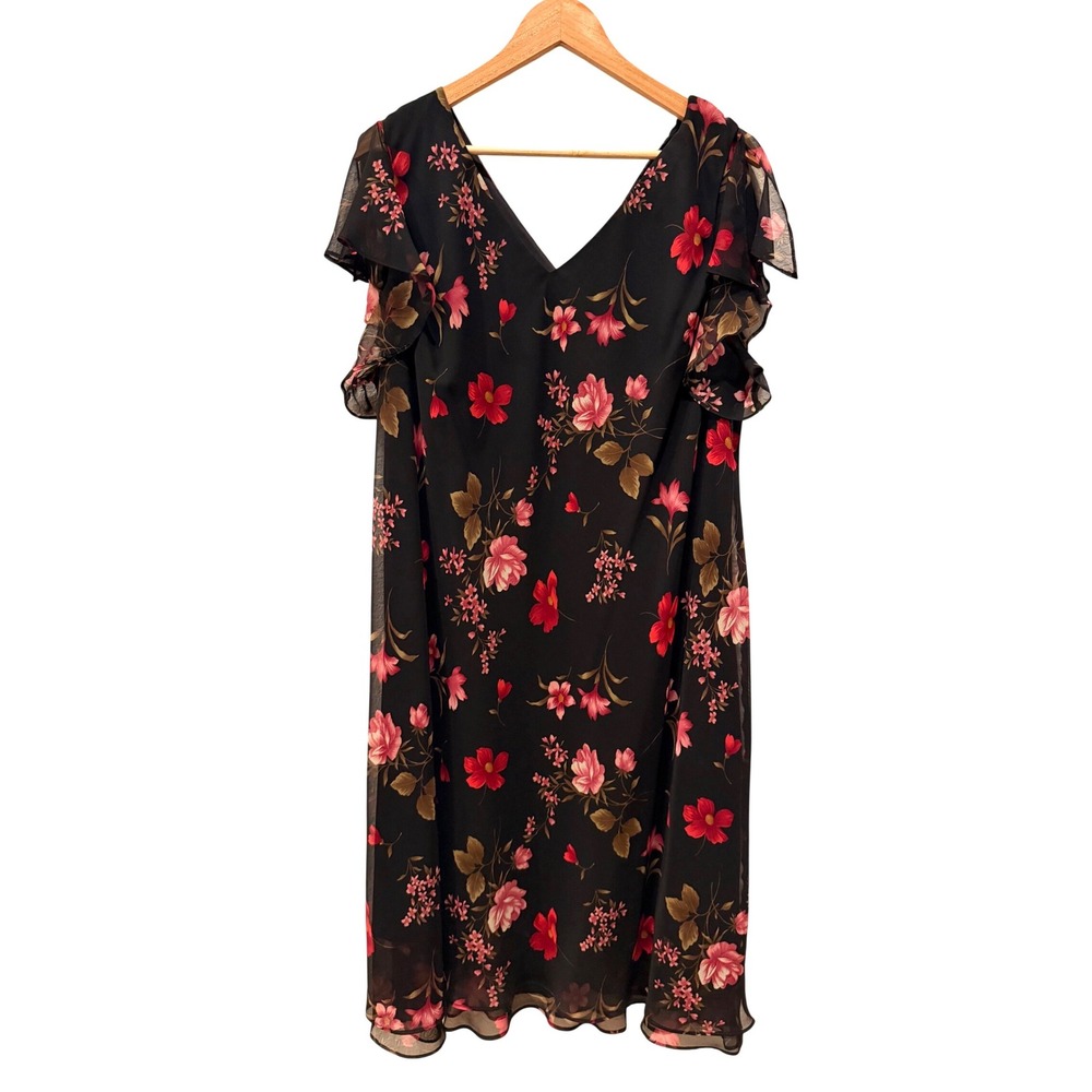 J.B.S. Ltd  Y2K Floral Flutter Sleeve V-Neck Dress Black Pink 24W Feminine  Goth